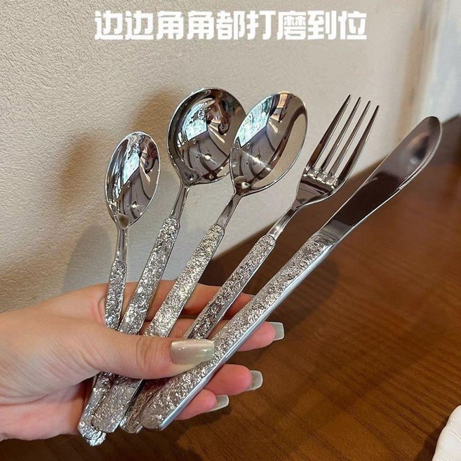 不鏽鋼刀叉勺 岩石紋西餐具 酒店西餐廳 牛排刀叉套裝 甜品勺, 1個, 創意岩石紋304/實心加厚手柄,主餐勺+主餐叉+主餐刀+圓湯勺+甜品勺, 岩石紋, 主餐勺,主餐叉,主餐刀,圓湯勺,甜品勺