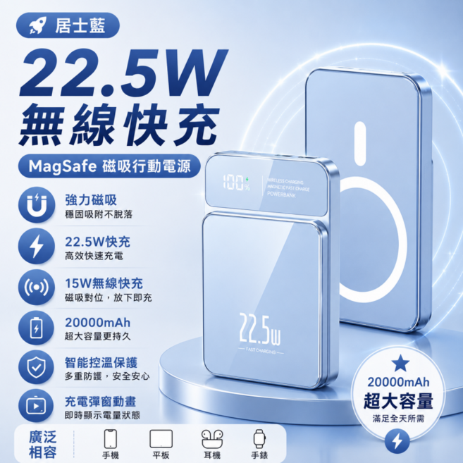 3Cwh認證 MagSafe行動電源20000mAh 無線磁吸行動電源 22.5W超級快充 迷你行動電源, 淡藍色-20000mah, 可登機3C標識+22.5快速充