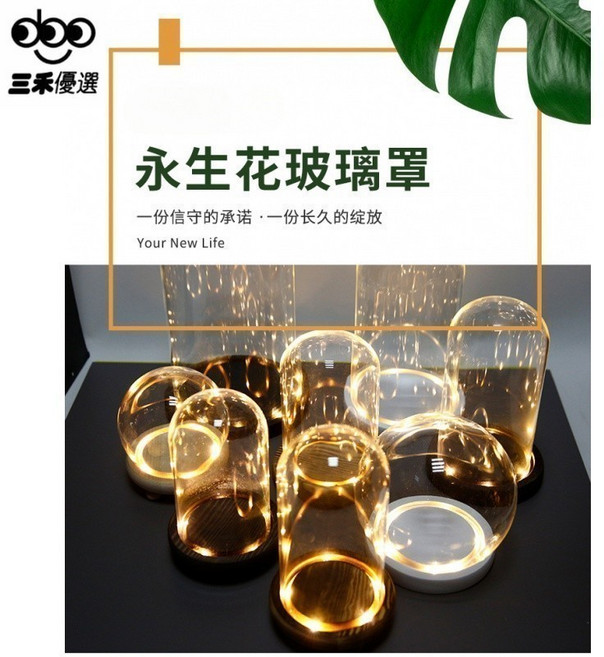 永生花玻璃罩 發光玻璃罩 玻璃展示罩 乾燥花擺件帶燈底, 18*35+原木平底圈燈