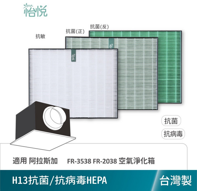 怡悅濾網 適用 阿拉斯加 FR-3538 FR-2038 VTF-200 VTF-350 空氣淨化箱 全熱交換機 新風機 第二層HEPA濾心, 1個, 第二層抗菌/病毒版HEPA濾心
