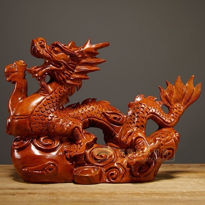 木雕龍擺件 黑檀木雕刻動物十二生肖實木擺件, 花梨木,整木精雕龍擺件【長10cm】, 花梨木