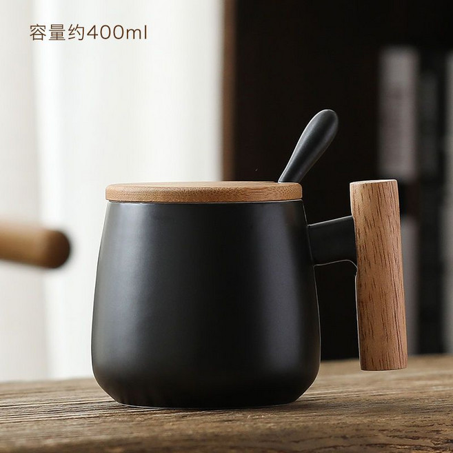 陶瓷馬克杯 白色木柄 480ml, 黑色木柄單杯+蓋勺, 1個