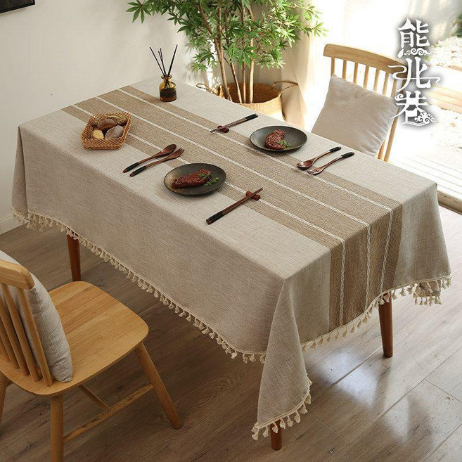 good 棉麻長方形桌布日式風家用茶几桌布格紋書桌餐, 1個, 140*220cm適合80*160桌子,咖色棉麻十字流蘇花邊, 咖色, 140*220cm