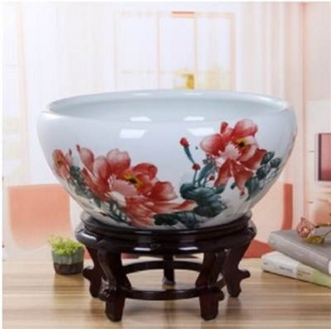 陶瓷花盆 附木質底座 盆栽裝飾, 景德鎮陶瓷花盆, 1件