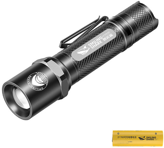 【微笑鯊正品 SD7001 軍規版戰術手電】 手電筒 強光 變焦手電 筆夾手電 露營照明, 1電 黑色 SD-7001, 1個