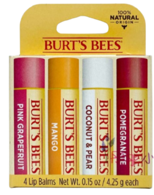 Burt's Bees 蜂蠟護唇膏 水果護唇膏 4件裝, 1個, 水果經濟裝4件組, 17g, 粉紅葡萄柚+芒果+椰子+石榴