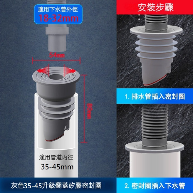水管專用防蟲防臭地漏 廚房浴室地面排水孔 防臭矽膠芯 洗手間洗衣機排水管 A款隨機35-45升級翻板變徑, 1個, A款白/灰色隨機35-45升級翻板變徑