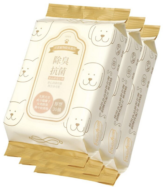 Baan 貝恩 寵物除臭抗菌濕巾30抽 3包入 厚款, 3個, 30抽