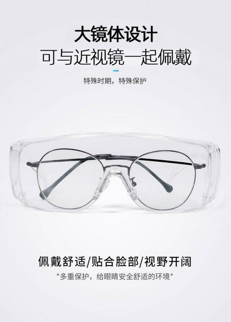 防飛沫護目鏡,大鏡體設計,可與近視鏡一同佩戴,貼合臉部, 1個