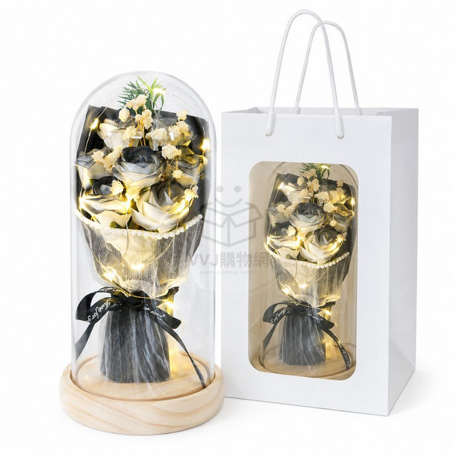 香皂花束燈罩禮盒 永生花燈罩 浪漫燈串, 7朵黑玫瑰原木底【贈燈串+禮袋】, 黑玫瑰