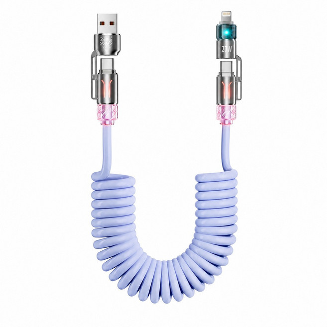 四合一彈簧伸縮充電線 USB A/Type-C 轉 C/L 最高65W 快充 發光指示燈, 1個, 香氛四合一 彈簧伸縮 65w, 藍色, 200cm