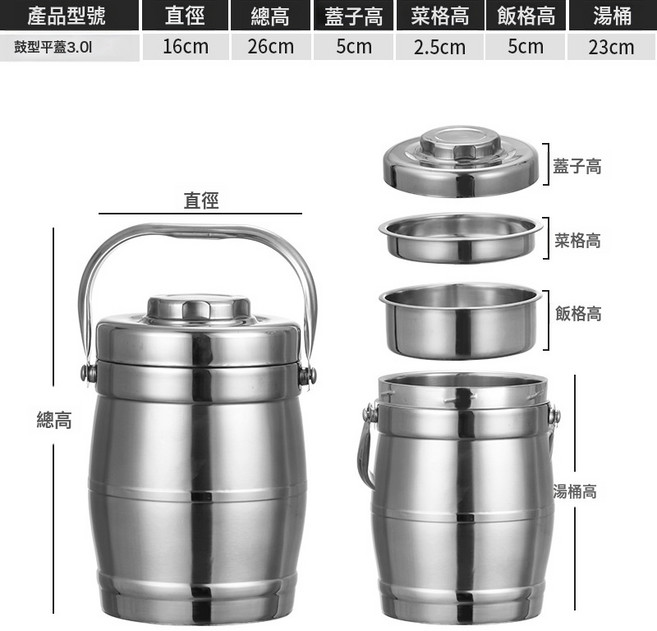 加厚不鏽鋼雙層保溫提鍋上班族學生便當盒大容量三層真空飯桶飯籃, 1個, 一個, 3.0L保溫提鍋