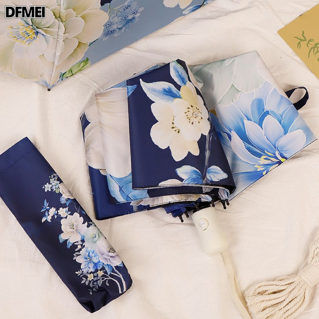 DFMEI 防紫外線三折手動手柄雨傘純色黑膠防曬晴雨兩用太陽傘摺疊傘