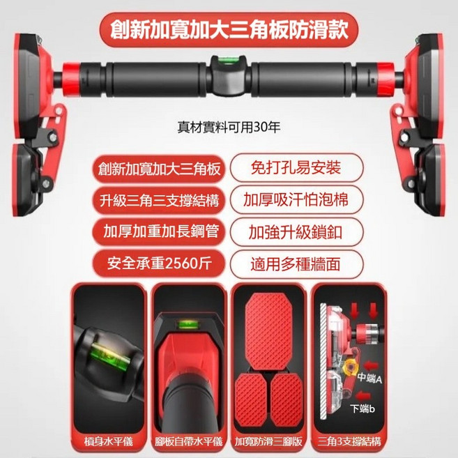 單槓 門框引體向上健身單槓 升級三角支撐 免打孔易安裝, 70-100cm【雙彈簧防滑款+水平儀】