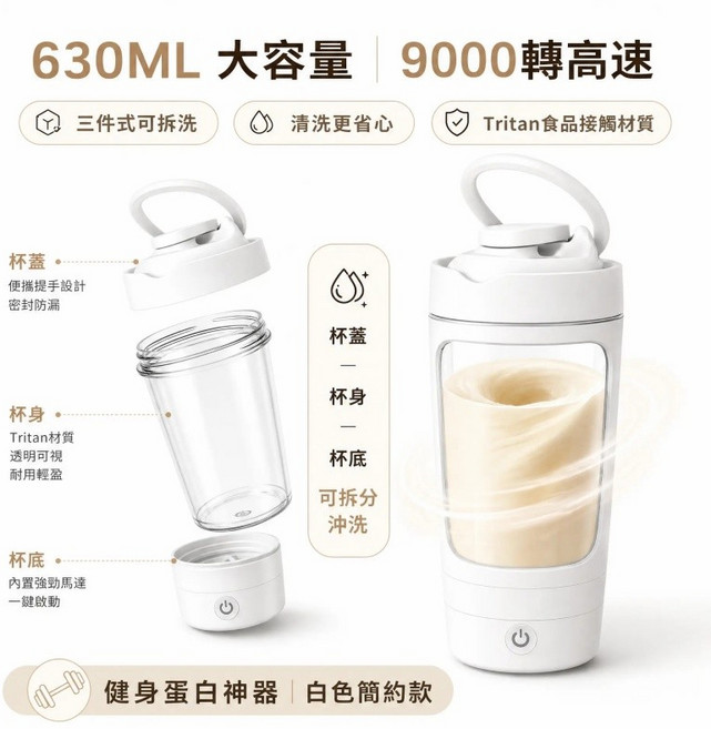 健身隨行蛋白杯 630ML大容量 9000轉高速電動攪拌杯 全自動攪拌杯 懶人攪拌杯 奶昔杯 電動攪拌杯 咖啡杯 可拆卸底座 直飲保溫攪拌杯 奶昔搖搖杯 健身杯, 1個, 白色, 630ml