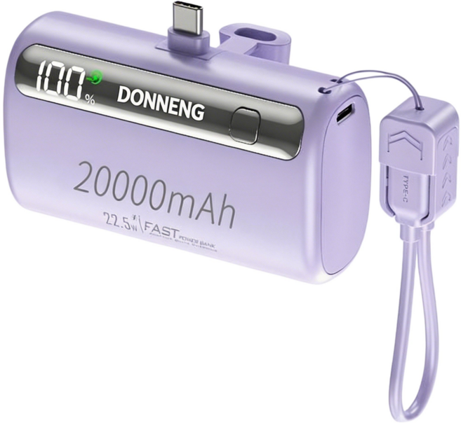 DONNENG 膠囊行動電源 20000mAh 35W快充, Type-C直插充附Type-C線-紫色, 紫色, Type-C+Type-C