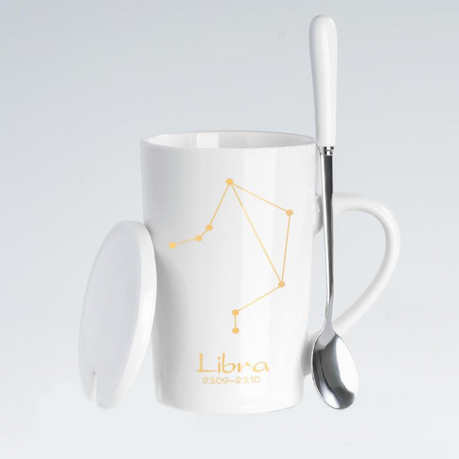 DIU 創意黑真金星座杯馬克杯 咖啡杯陶瓷杯帶蓋勺家用辦公室水杯杯子, 1個, 天秤座(白):301-400ml