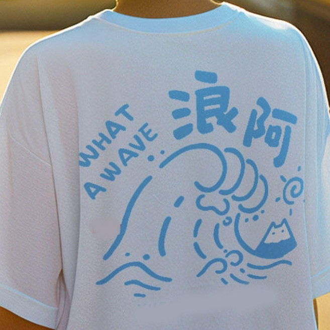 貓爪浪花前後圖純棉短袖T恤 萌寵情侶裝, 寶藍色,M