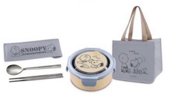 史努比Snoopy 304不鏽鋼餐食提袋餐具組 冰河藍 雙層便當盒 附提袋湯匙筷子, 1個