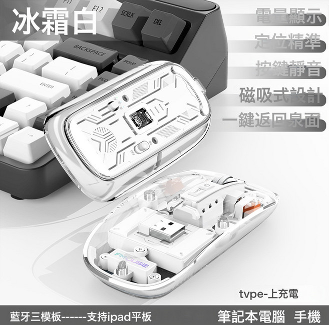 M133透明無線藍牙三模滑鼠靜音可充電臺式筆記本電腦通用滑鼠, 無規格, 冰霜白