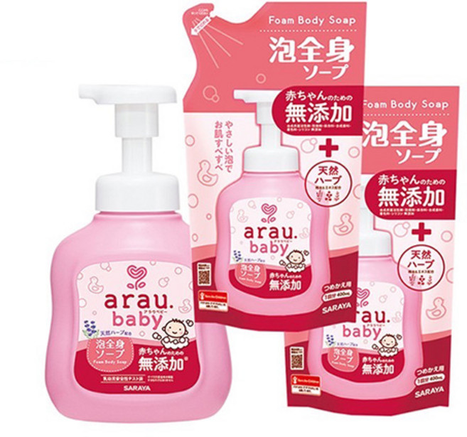 arau baby 無添加2合1洗髮沐浴泡泡450mlx1 補充包400mlx2, 1250ml, 1組