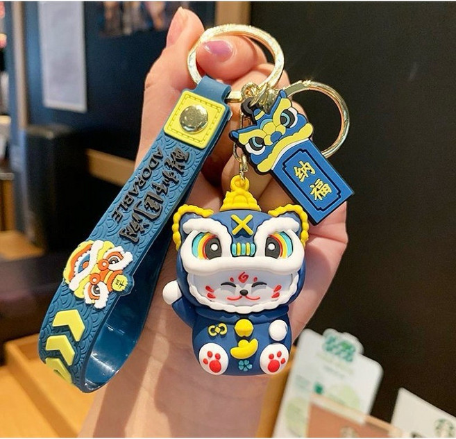 可愛毛絨掛件 鑰匙圈 吊飾 醒獅造型 玩偶公仔包包掛飾, 0100藍醒獅祈福鑰匙圈, 詳見包裝, 詳見包裝