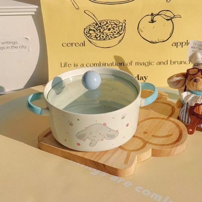 GUEFOON 陶瓷附蓋雙耳泡麵碗, 1個, 如图所示(8906), (象布布)泡麵碗+蓋子