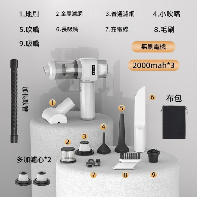 數顯無線手持吸塵器 大吸力吹吸抽一體, 3103 - G - 豪華款 - 無刷電機 2000mah*3 - 白色, 如圖