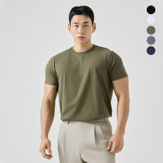 맥스모어 순면 라운드 스판 머슬핏 무지 남자 반팔티