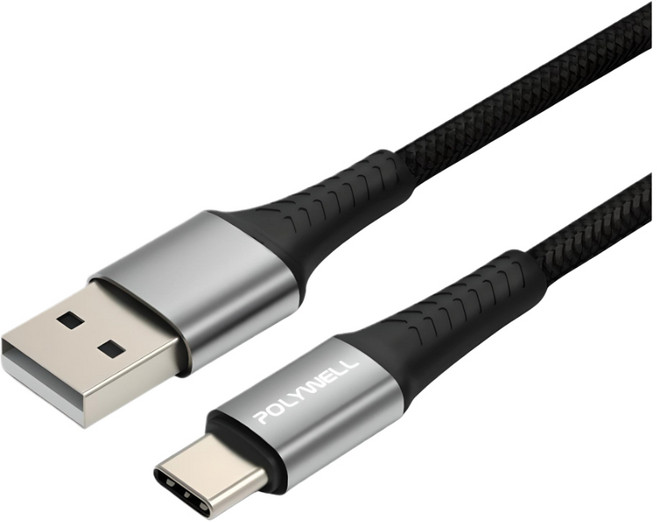 POLYWELL USB to Type-C 編織充電線, USB to C 編織線【黑色】, 1個, 1m