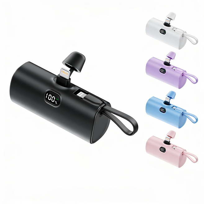 5000mAh 便攜充電線行動電源,適用於 iPhone/Type-C 設備, 月空黑, Type-C直插口+平果 自帶線