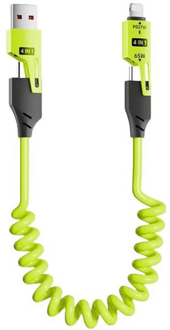 4合1彈簧傳輸線 65W USB-A+Type-C Lightning, 綠色, 1個, 100cm
