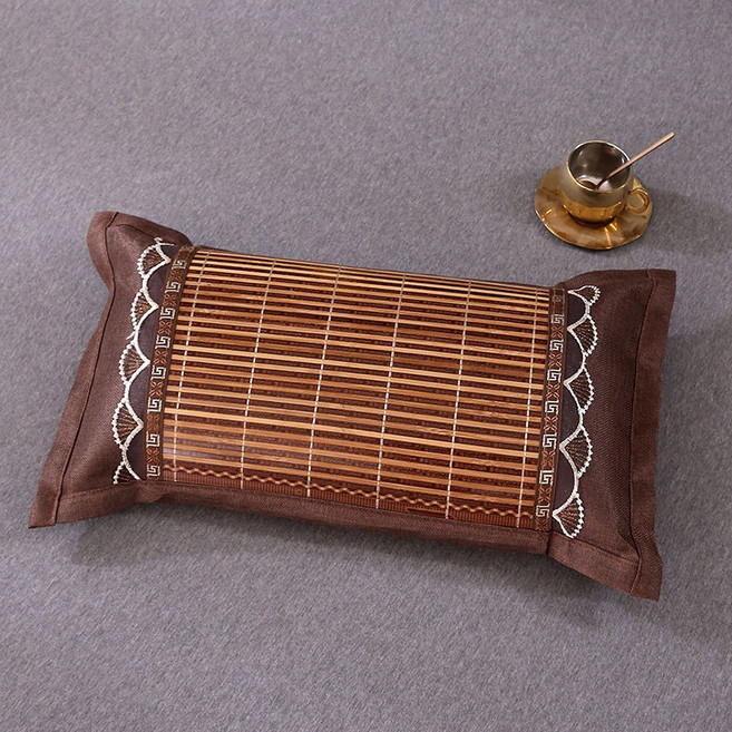 全蕎麥殻枕頭 夏季冰絲涼枕, 1個, 直角竹席蕎麥枕-深咖色,35*55cm一衹裝, 深咖色