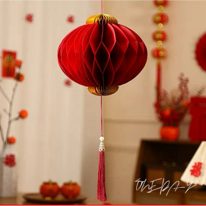 ONEDAY 紙雕植絨蜂巢燈籠,婚慶節慶居家掛飾, 簡約圓款8 x 20 cm, 紅色