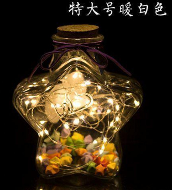 優選 發光麻繩許願瓶幸運星玻璃木塞瓶擺件瓶花鼓星星罐子 副廠產品, 特大號五星瓶可裝520顆暖白燈