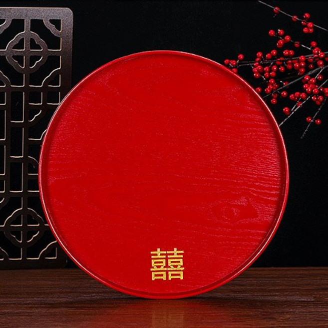 FlowerSP 實木喜慶圓形托盤, 1個, 無囍字