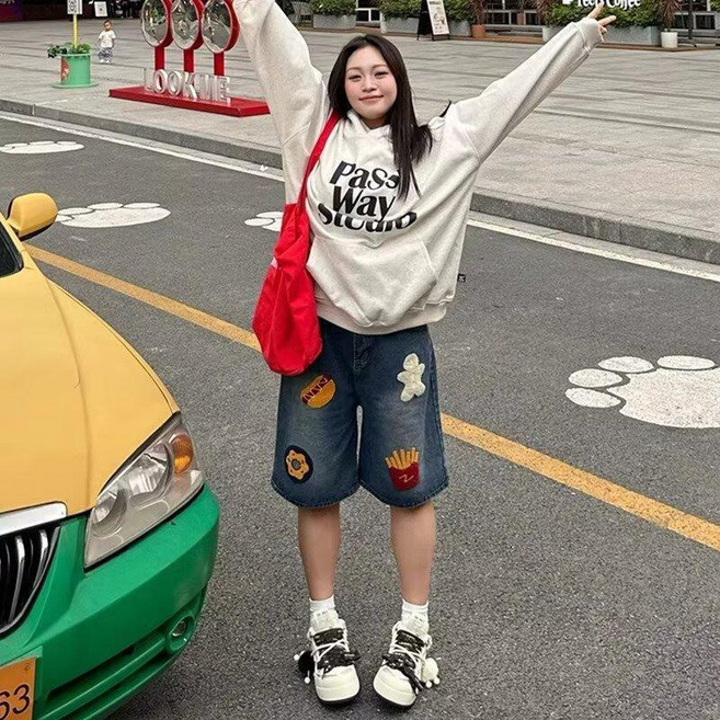 美式牛仔五分褲 潮流設計印花