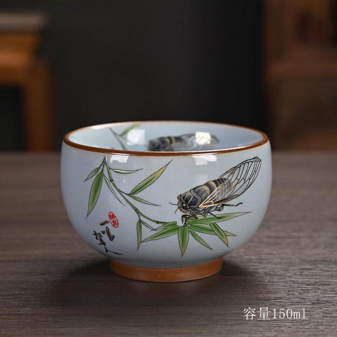 汝窯琺瑯彩開片主人杯茶杯 陶瓷禮品, 青蟬禪定杯150ml 80 - 170ml, 1個