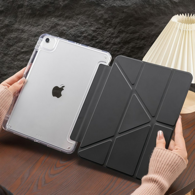 適用於 Apple 平板電腦 三折式保護殼 Y型立架 防摔殼 帶筆槽, 黑色, 1個