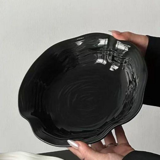 陶瓷 草帽盤 不規則樹紋 湯盤 簡約設計, 1個, 不規則樹紋8.2寸荷口盤-紳士黑