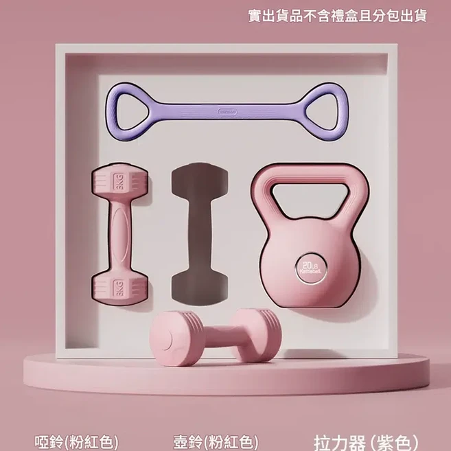 特澤瓦 壺鈴啞鈴拉力器健身套裝, 混色裝 粉色壺鈴20磅 約9KG 粉色啞鈴3kg一對 紫色拉力器, 1個