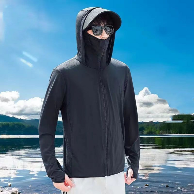 男士輕薄防曬外套 夏季透氣防紫外線 戶外速幹, 黑色, 2XL