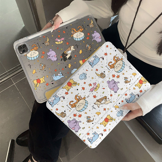 卡通圖案平板保護套 全包防摔 透明壓克力背板 智能休眠 內置筆槽 可站立支架, 小熊維尼, 1個