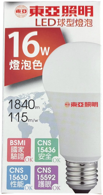 TOA 東亞 LED 燈泡 16W 全電壓 E27燈座 節能省電, 暖白色, 1個