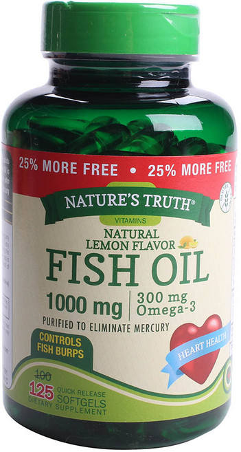 NATURE'S TRUTH 綠萃淨 魚油 1000毫克 Omega-3 檸檬軟膠囊 無麩質, 125 件, 1個, 125錠