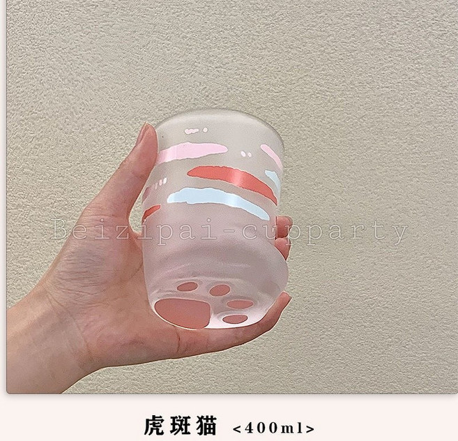 卡通漱口杯 可愛貓爪杯 磨砂玻璃杯 水杯 帶勺子, 磨砂粉色,可愛貓爪杯400ML, 1個