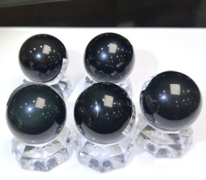 亮晶晶 彩虹黑曜球 33-35mm 附球座 圓潤光澤 能量擺飾, 彩虹