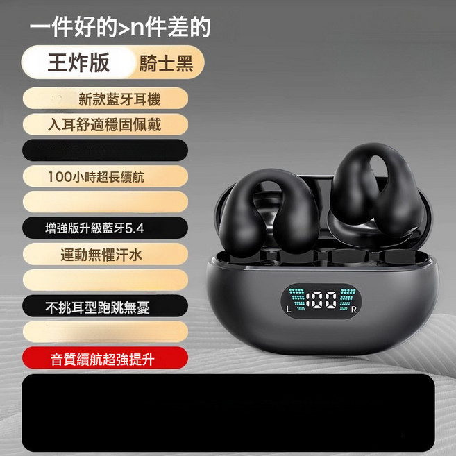 2025新款降噪夾耳式骨傳導不入耳藍牙耳機原裝無線超長續航大電量, 1個, 騎士黑【升級版】杜比全景音效+360°不漏音+增強5.4芯片