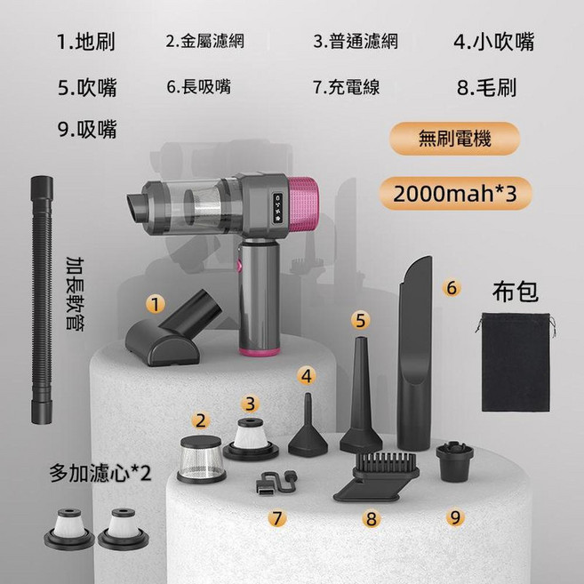 無線大吸力手持吸塵器 2000mah*2, ZY - 3103 - D - 無刷豪華款 - 灰色, 如圖
