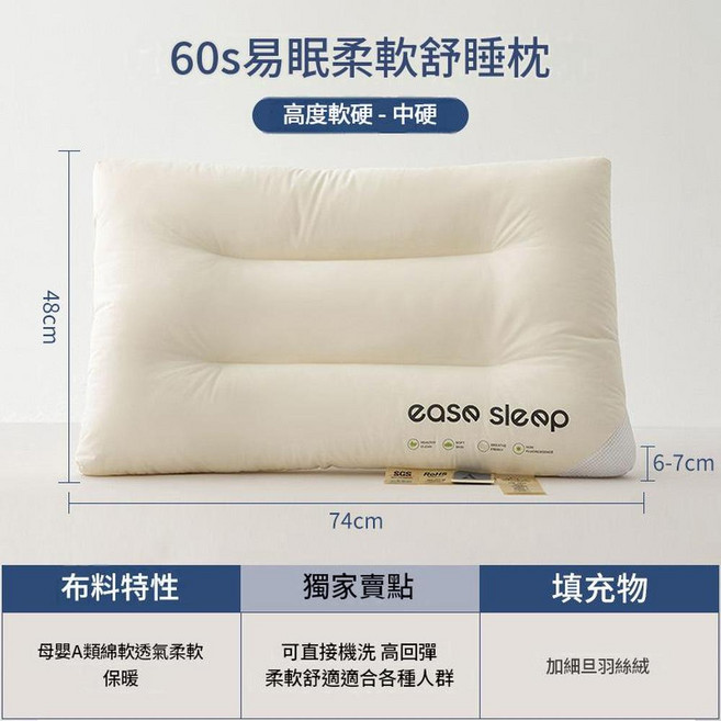 ease sleep 60s 易眠柔軟舒適睡枕 嬰幼兒級A類 可機洗 高回彈, 嬰幼兒級A類標準 - 易眠水洗中枕, 1件